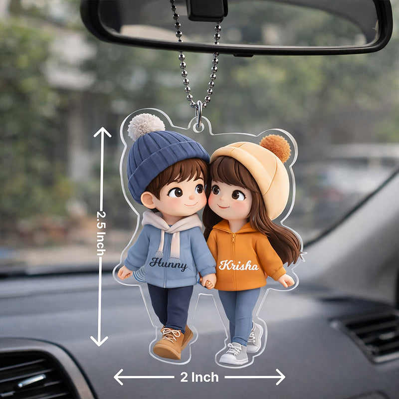 Personalized Cartoon Couple Acrylic Car Hanging – Custom Photo & Name Rearview Mirror Décor (2x2.5 Inch) | Love Craft Gifts