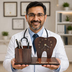Personalized Dentist Tooth Wooden Table Organizer with Clock & Pen Holder (8x5 Inch) – Custom Name Desk Stand Gift for Doctor, Dentist Clinic Décor | Love Craft Gifts