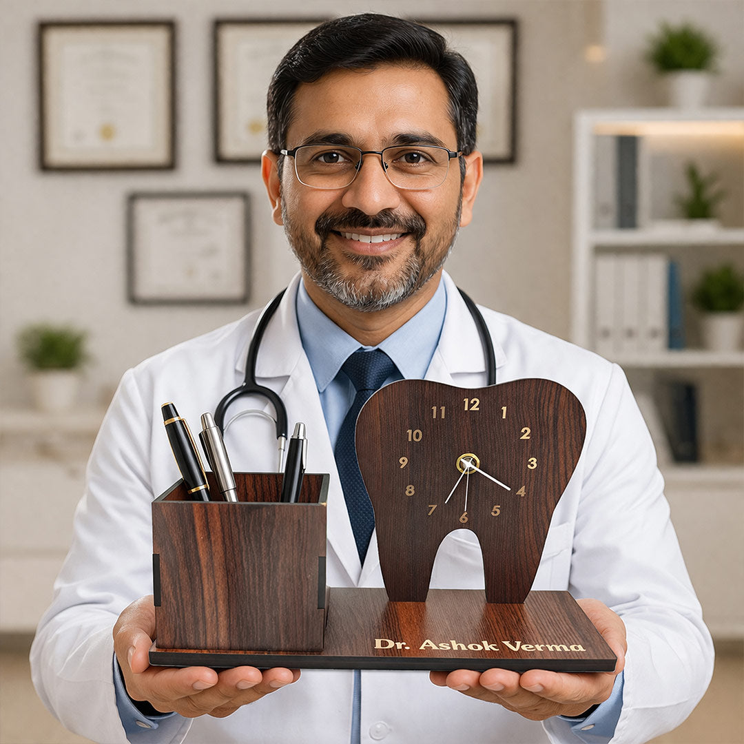Personalized Dentist Tooth Wooden Table Organizer with Clock & Pen Holder (8x5 Inch) – Custom Name Desk Stand Gift for Doctor, Dentist Clinic Décor | Love Craft Gifts