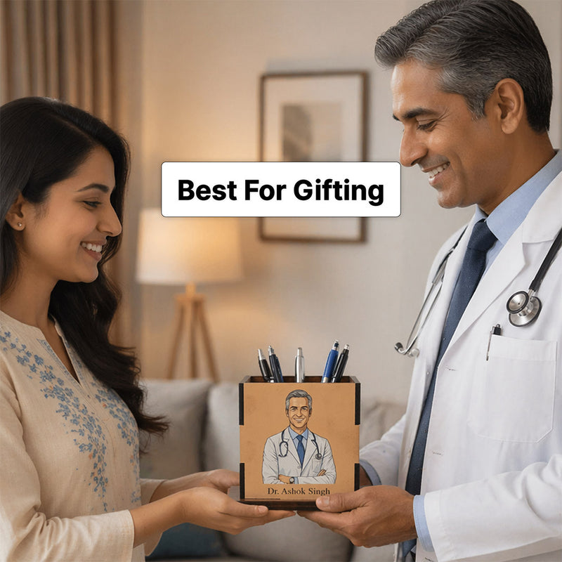 Personalized Doctor Wooden Pen Stand with Custom Cartoon Portrait – Premium Desk Organizer with Name (3.5 x 3.5 Inch) Professional Gift | Love Craft Gifts™