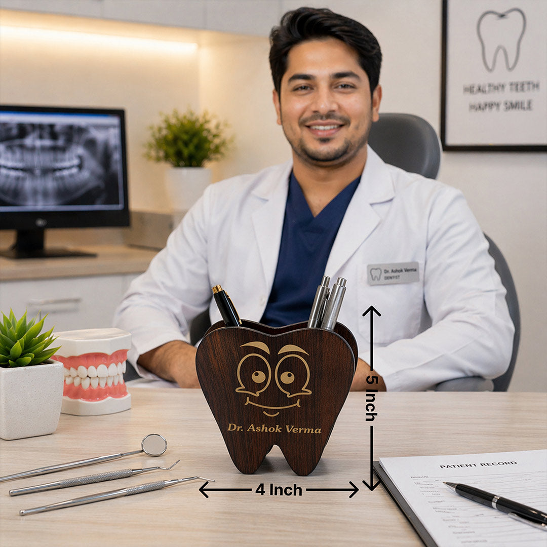 Personalized Dentist Tooth Pen Stand 4x5 Inch – Custom Name Wooden Desk Organizer Gift for Doctors | Love Craft Gifts™
