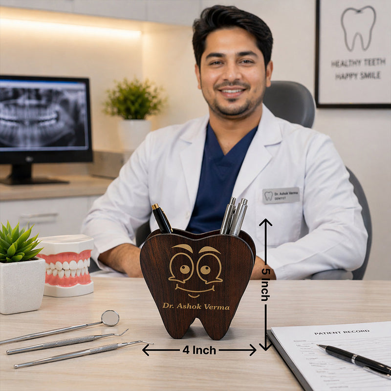 Personalized Dentist Tooth Pen Stand 4x5 Inch – Custom Name Wooden Desk Organizer Gift for Doctors | Love Craft Gifts™