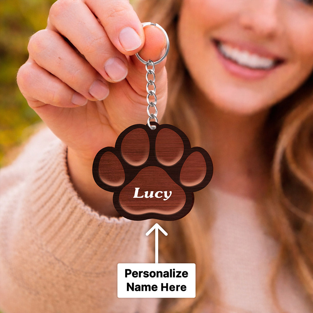 Personalized Pet Name Wooden Keychain Paw Shape – Custom Dog Name Keyring Gift (2.5 Inch) | Love Craft Gifts