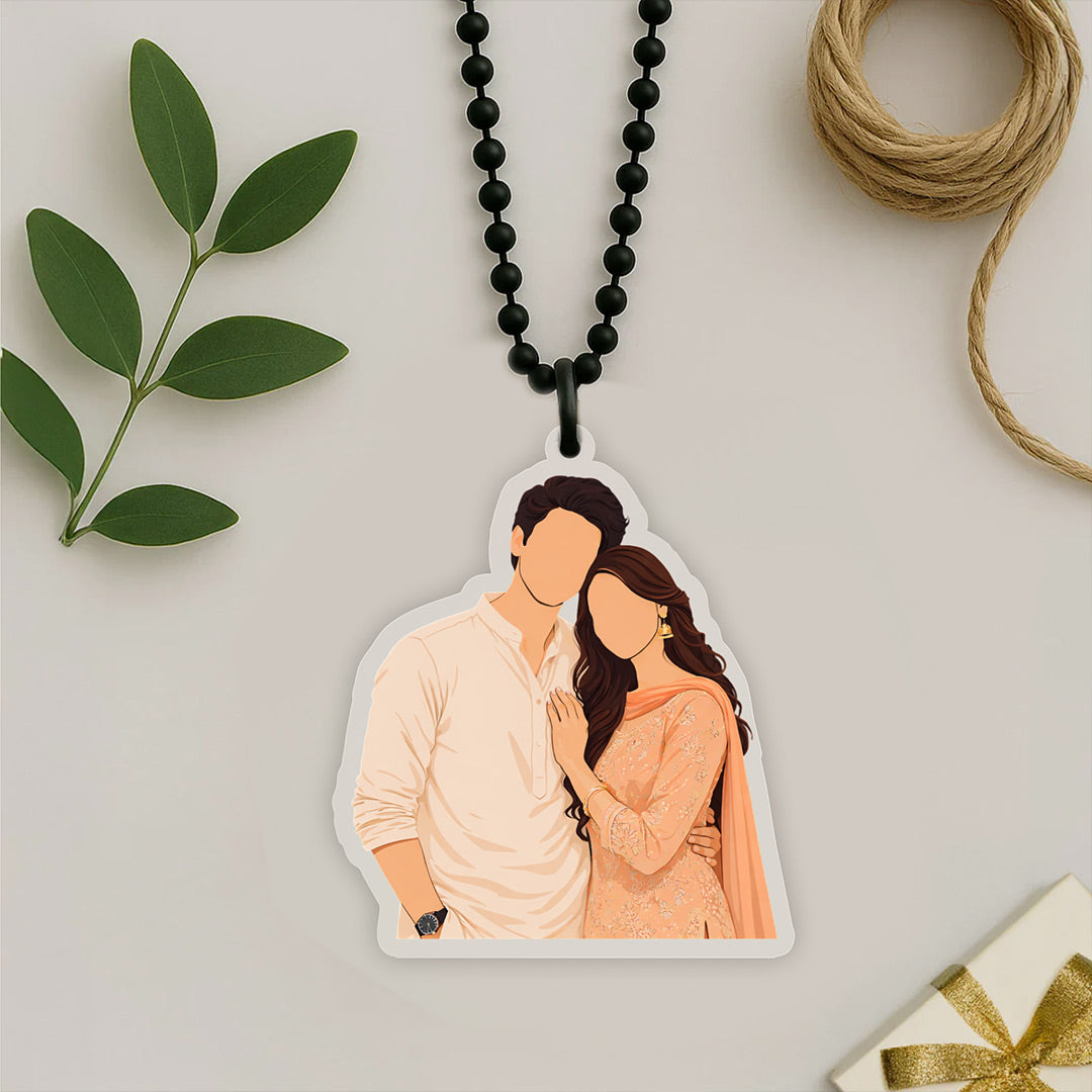 Personalized Faceless Couple Car Hanging – Custom Photo Acrylic Rear View Mirror Hanging Décor (2x3 Inch) | Love Craft Gifts