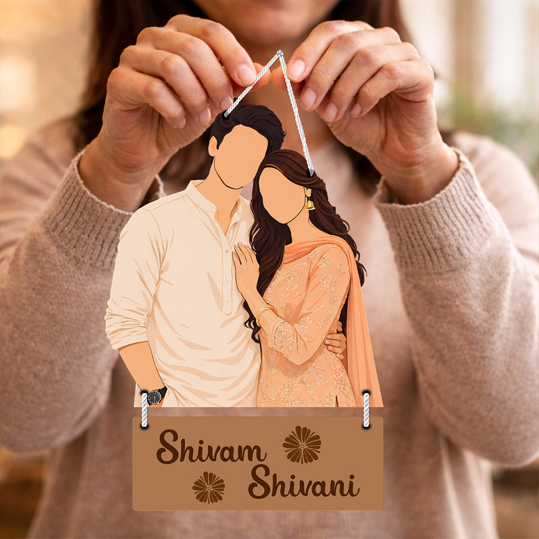 Personalized Faceless Couple Wooden Wall Hanging Frame – Custom Photo & Name Romantic Hanging Décor (8x12 Inch) | Love Craft Gifts