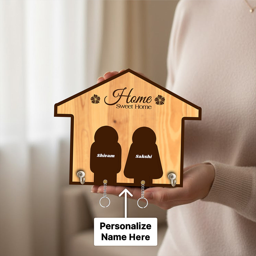Personalized Home Sweet Home Wooden Key Holder with Name – Custom Family Wall Key Hanger (6x5 Inch) | Love Craft Gifts