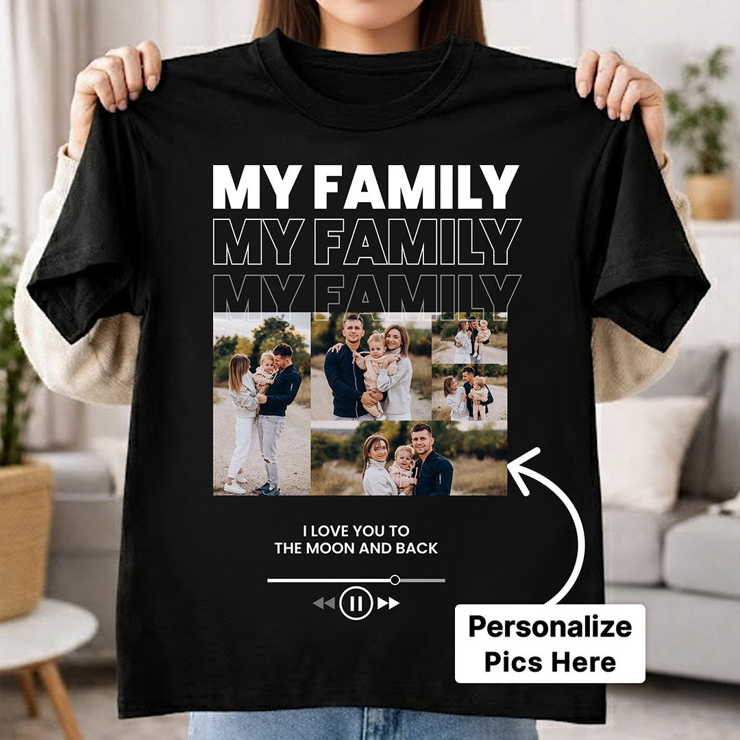 Personalized My Family Photo Collage Black T-Shirt – Custom Pics Printed | Love Craft Gifts