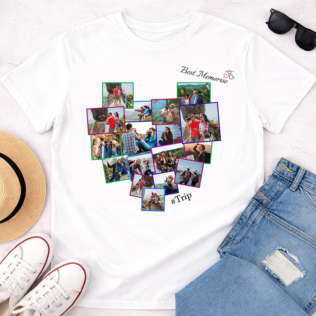 Personalized Trip Memory Collage White T-Shirt – Custom Photo Print Tee | Love Craft Gifts