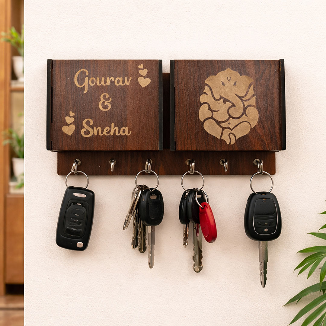 Personalized Wooden Key Holder & Phone Stand with Ganesha Design (8x4 Inch) Custom Name Engraved Wall & Desk Organizer Gift for Home | Love Craft Gifts