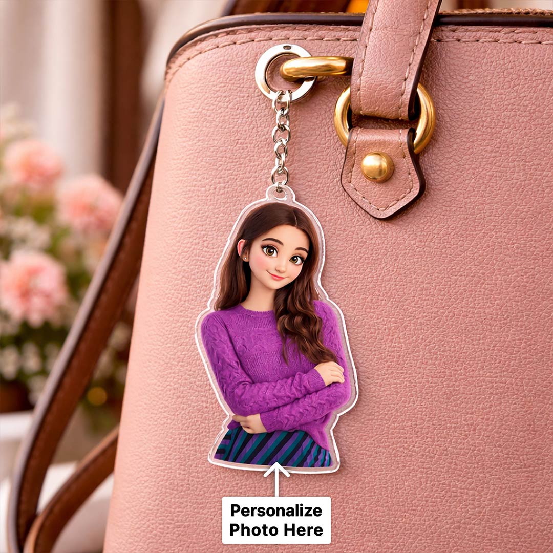 Personalized Girl Cartoon Acrylic Keychain – Custom Photo Cute Character Keyring (2x2.5 Inch) | Love Craft Gifts