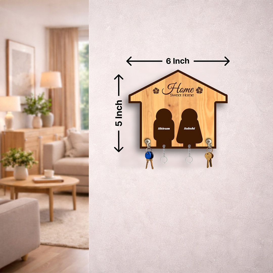 Personalized Home Sweet Home Wooden Key Holder with Name – Custom Family Wall Key Hanger (6x5 Inch) | Love Craft Gifts