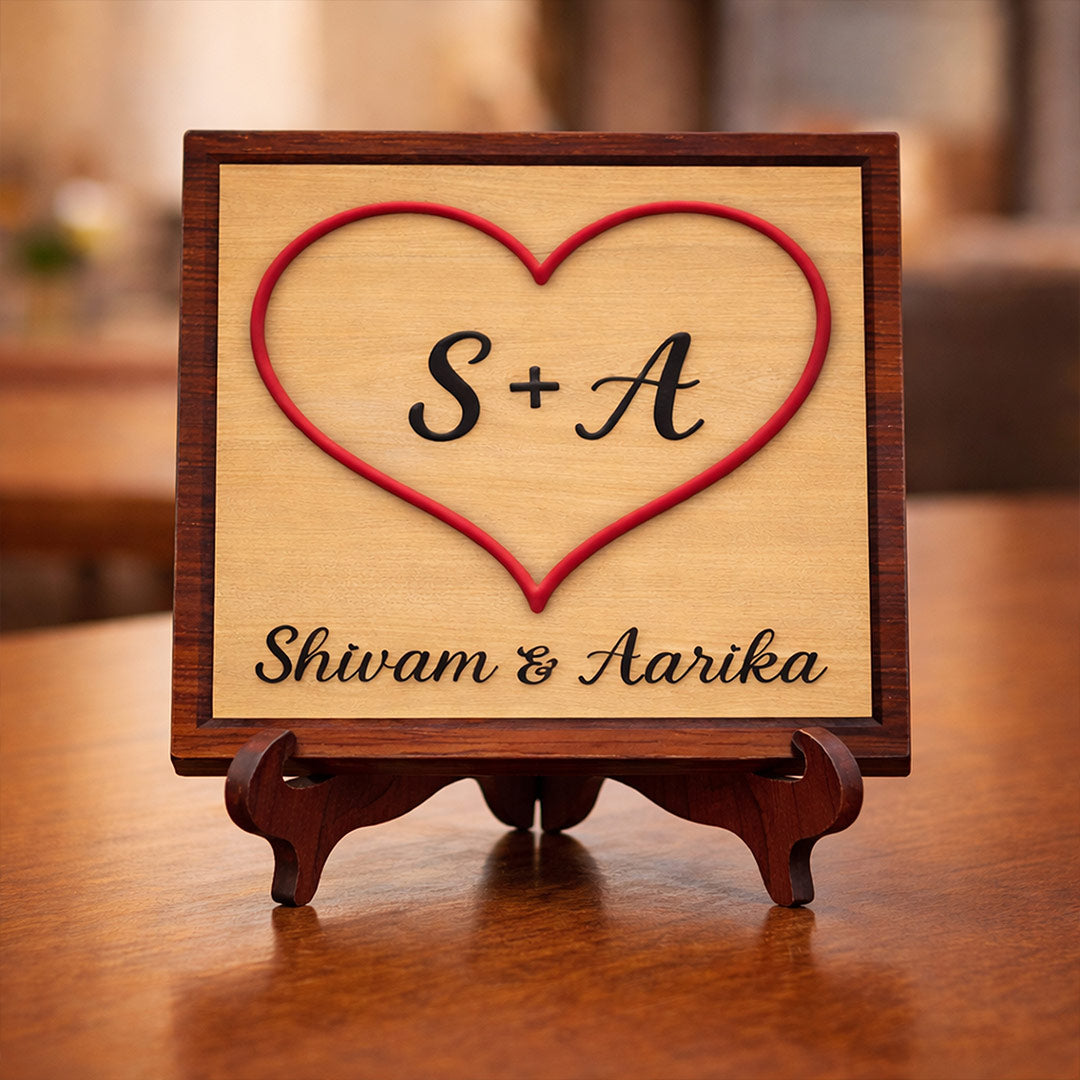 Personalized Couple Name Wooden Table Top Frame (6x6 Inch) Custom Initial Heart Design Plaque Gift for Couples | Love Craft Gifts