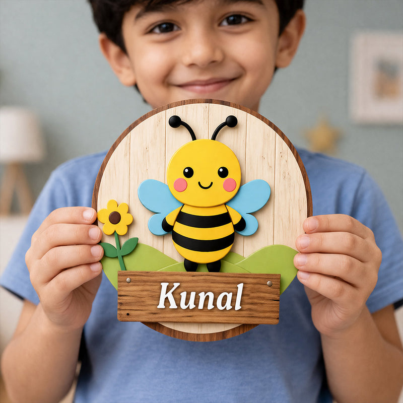 Personalized Kids Bee Name Wooden Door Sign Cute Cartoon Wall Decor 10x10" | Love Craft Gifts