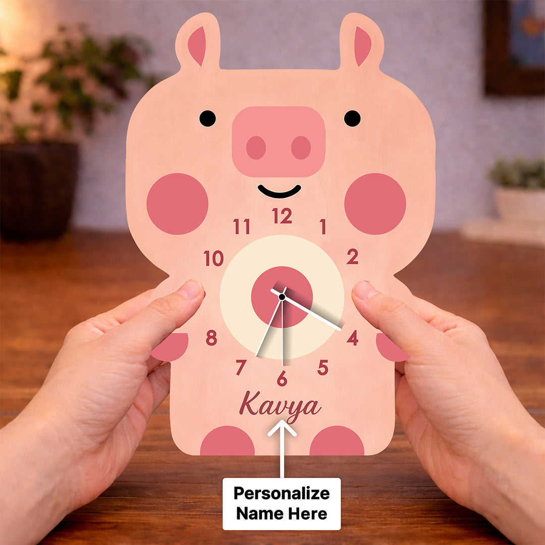 Personalized Pig Wooden Wall Clock Custom Name Kids Room Decor 8x10 Inch | Love Craft Gifts