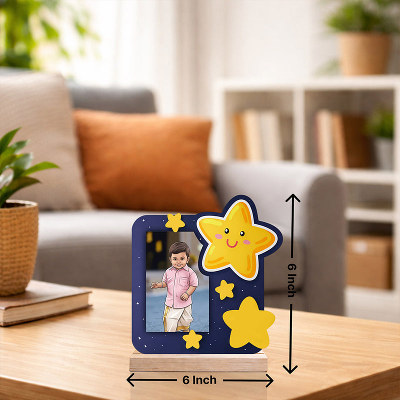 Personalized Kids Wooden Photo Frame with Cartoon Star Design (6x6 Inch) Custom Baby Picture Table Top Décor Gift | Love Craft Gifts