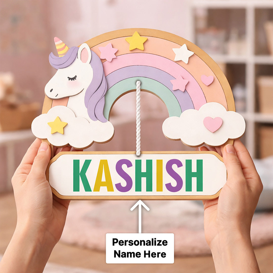 Personalized Unicorn Rainbow Name Wooden Hanging Wall Décor (9x8 Inch) | Love Craft Gifts