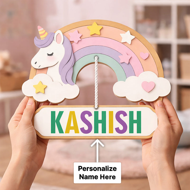 Personalized Unicorn Rainbow Name Wooden Hanging Wall Décor (9x8 Inch) | Love Craft Gifts
