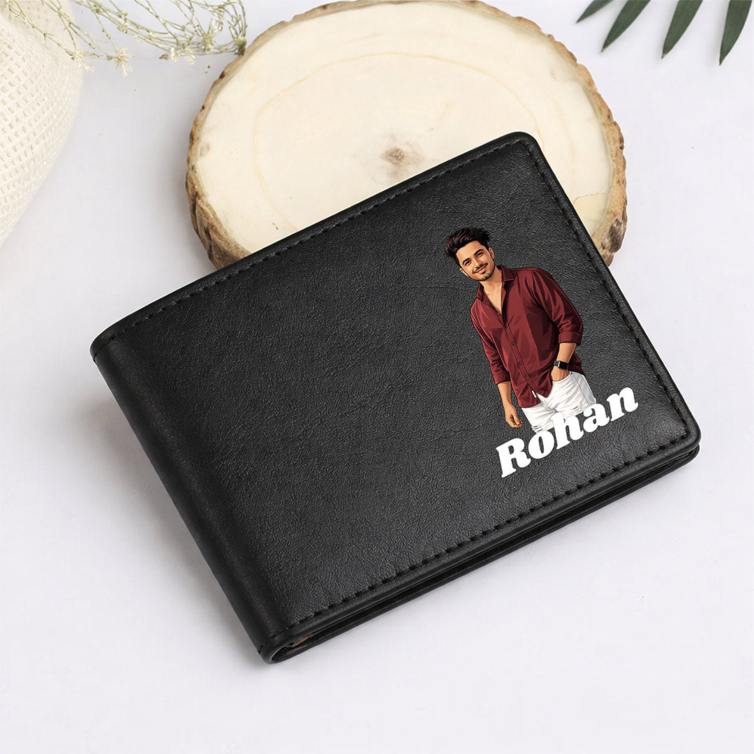 Personalized Men’s Leather Wallet with Cartoon Photo & Name Custom Print Black Bi-Fold Wallet Gift for Boys, Husband & Boyfriend | Love Craft Gifts