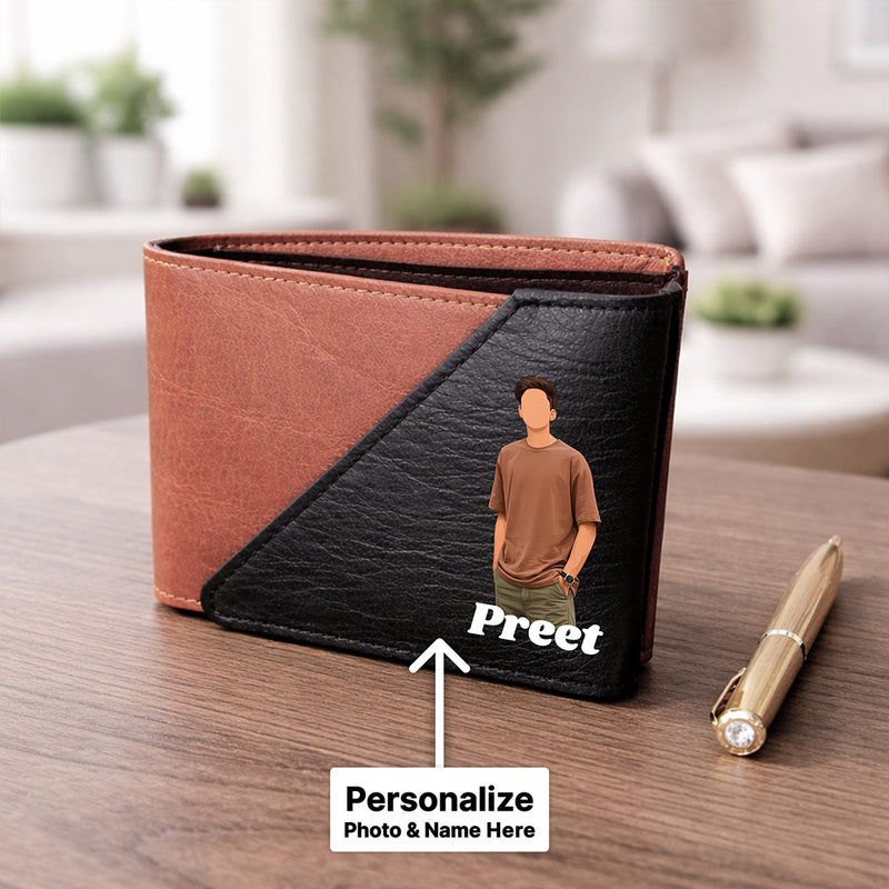 Personalized Men’s Leather Wallet with Cartoon Photo & Name Custom Print Brown Bi-Fold Wallet Gift for Boys, Husband & Boyfriend | Love Craft Gifts