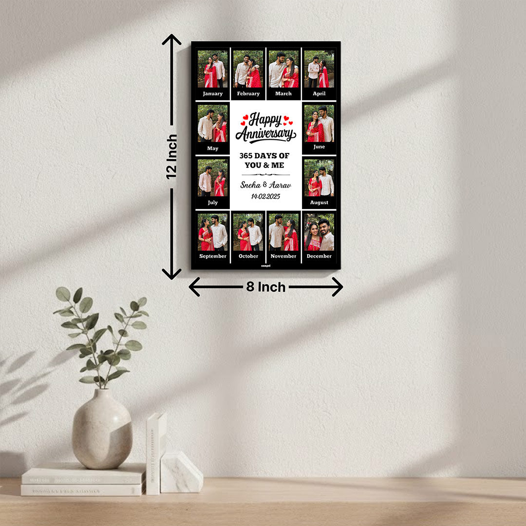 Personalized 365 Days Anniversary Photo Frame – Custom Monthly Couple Collage Frame (12x8 Inch) | Love Craft Gifts