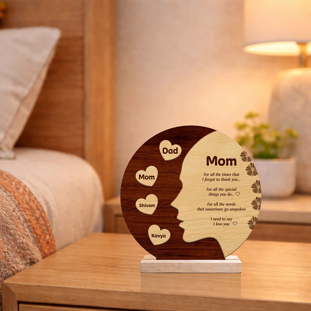 Personalized Mom Wooden Engraved Table Top with Custom Names (8x8 Inch) Emotional Mother Gift Décor | Love Craft Gifts