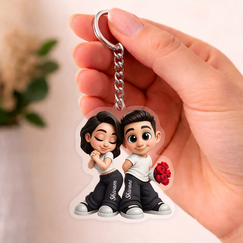 Personalized Cute Couple Cartoon Keychain – Custom Name Acrylic Keyring Gift for Boyfriend, Girlfriend & Couples | Romantic Mini Gift | Love Craft Gifts