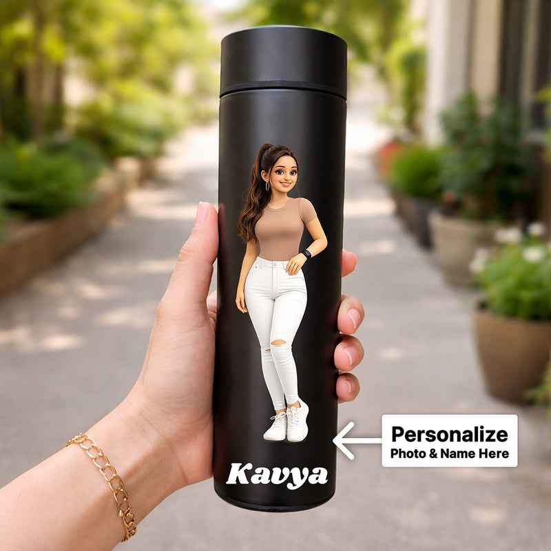 Personalized Cartoon Photo Water Bottle – Custom Name Printed Black Steel Bottle (500ml) Gift for Girls, Women & Friends | Love Craft Gifts