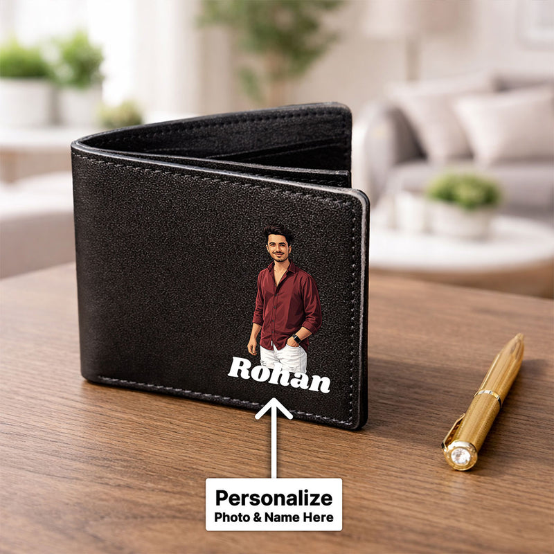 Personalized Men’s Leather Wallet with Cartoon Photo & Name Custom Print Black Bi-Fold Wallet Gift for Boys, Husband & Boyfriend | Love Craft Gifts