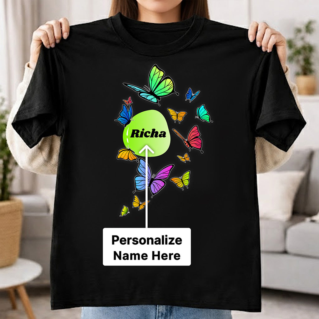 Personalized Butterfly Name Print Black T-Shirt – Custom Name Unisex Tee | Love Craft Gifts