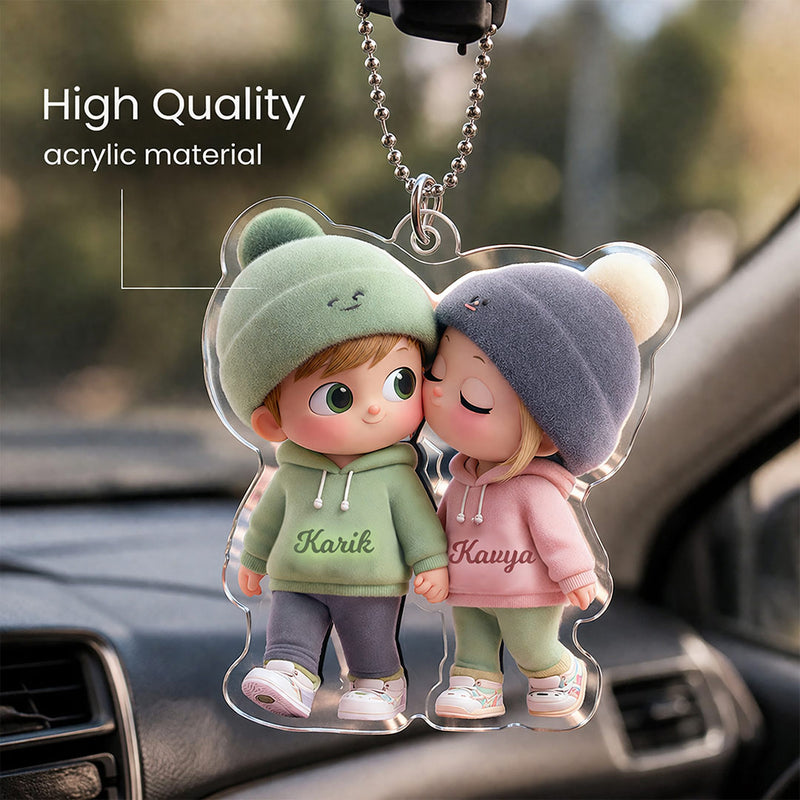 Personalized Couple Cartoon Acrylic Cutout Car Hanging – Custom Name Cute Couple Rearview Mirror Décor (2x2.5 Inch) | Love Craft Gifts