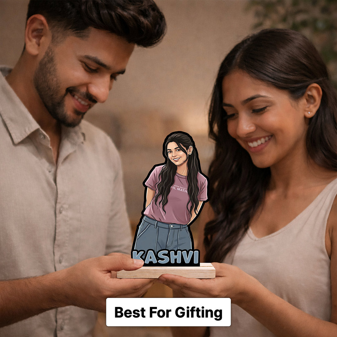 Personalized Cartoon Girl Photo Wooden Table Stand with Name (8 Inch) Custom Portrait Desk Décor Gift for Girlfriend, Sister & Best Friend | Love Craft Gifts