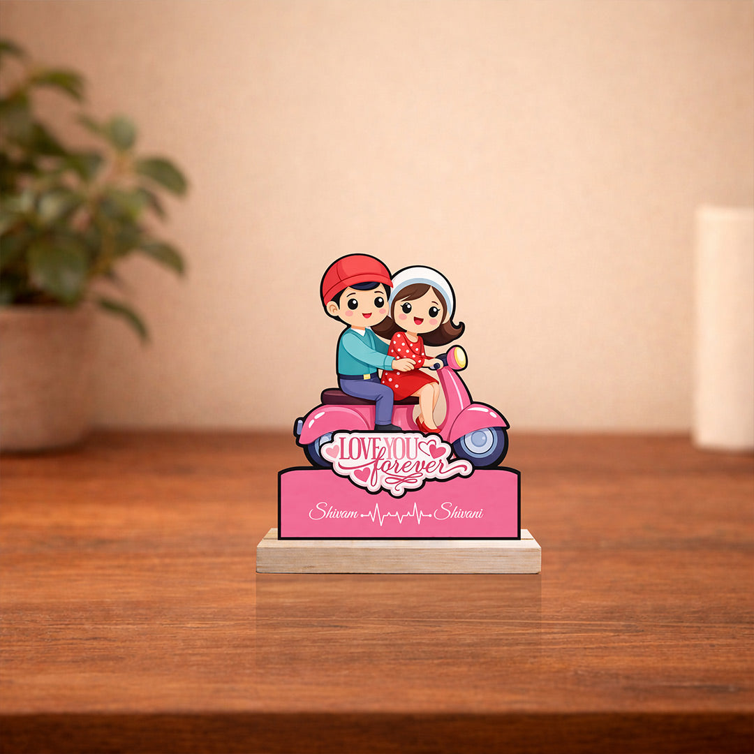 Personalized Couple Scooter Cartoon Wooden Cutout Table Stand – Custom Name Romantic Gift Décor (6x7 Inch) | Love Craft Gifts