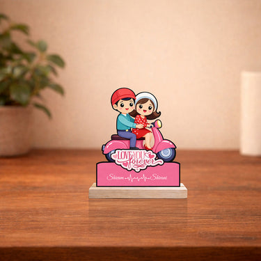 Personalized Couple Scooter Cartoon Wooden Cutout Table Stand – Custom Name Romantic Gift Décor (6x7 Inch) | Love Craft Gifts