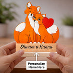 Personalized Cute Fox Couple Wooden Table Stand (6x6 Inch) – Custom Name Romantic Animal Couple Décor Gift for Girlfriend, Boyfriend & Anniversary | Love Craft Gifts
