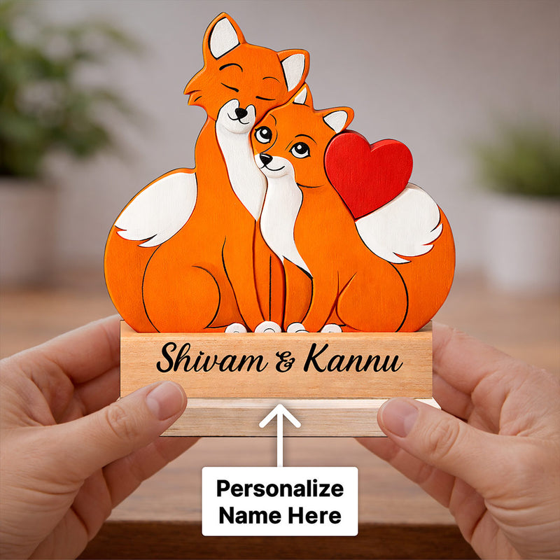 Personalized Cute Fox Couple Wooden Table Stand (6x6 Inch) – Custom Name Romantic Animal Couple Décor Gift for Girlfriend, Boyfriend & Anniversary | Love Craft Gifts
