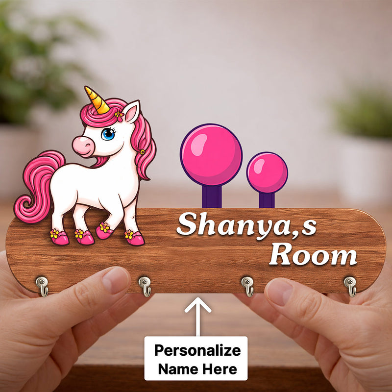 Personalized Unicorn Wooden Key Holder 9x5 Inch – Custom Name Kids Room Organizer Gift | Love Craft Gifts™
