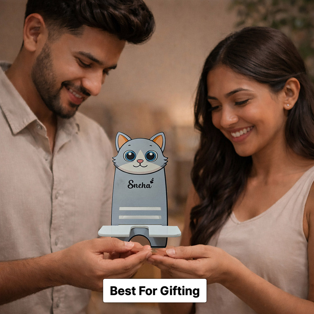 Personalized Cute Cat Mobile Stand with Name Custom Print (4x7 Inch) Cartoon Phone Holder Desk Stand Gift for Kids, Girls & Friends | Love Craft Gifts