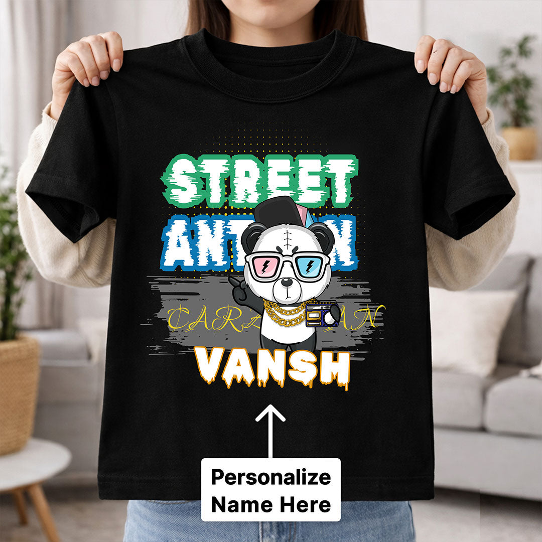 Personalized Street Animal Boys Black T-Shirt – Custom Name Printed Cool Panda Tee for Kids | Love Craft Gifts