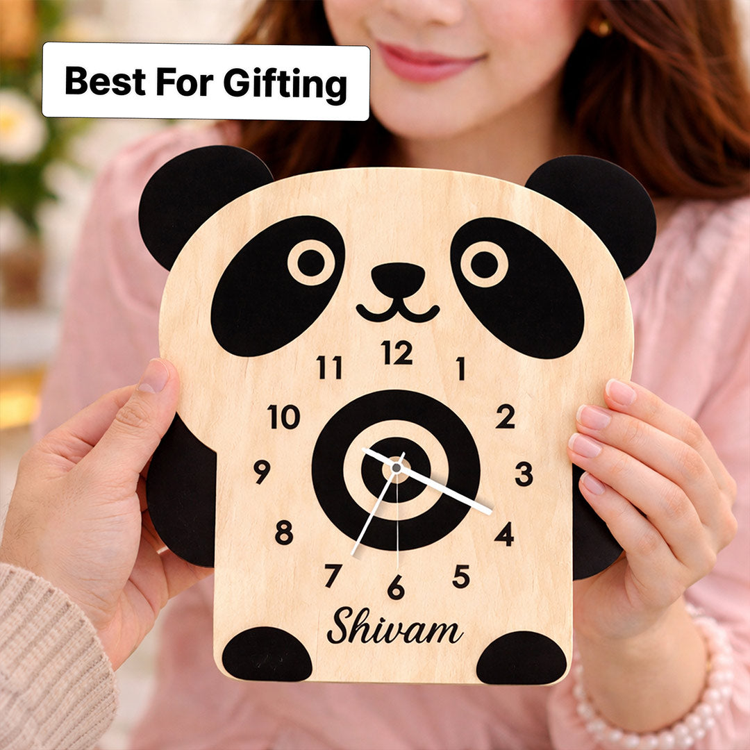 Personalized Panda Wooden Wall Clock Custom Name Kids Room Decor 8x10 Inch | Love Craft Gifts
