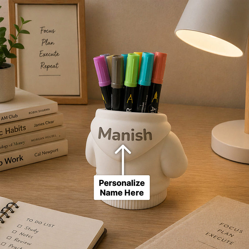 Personalized Hoodie Design Pen Stand – Custom Name Desk Organizer for Students & Office Use | Love Craft Gifts™