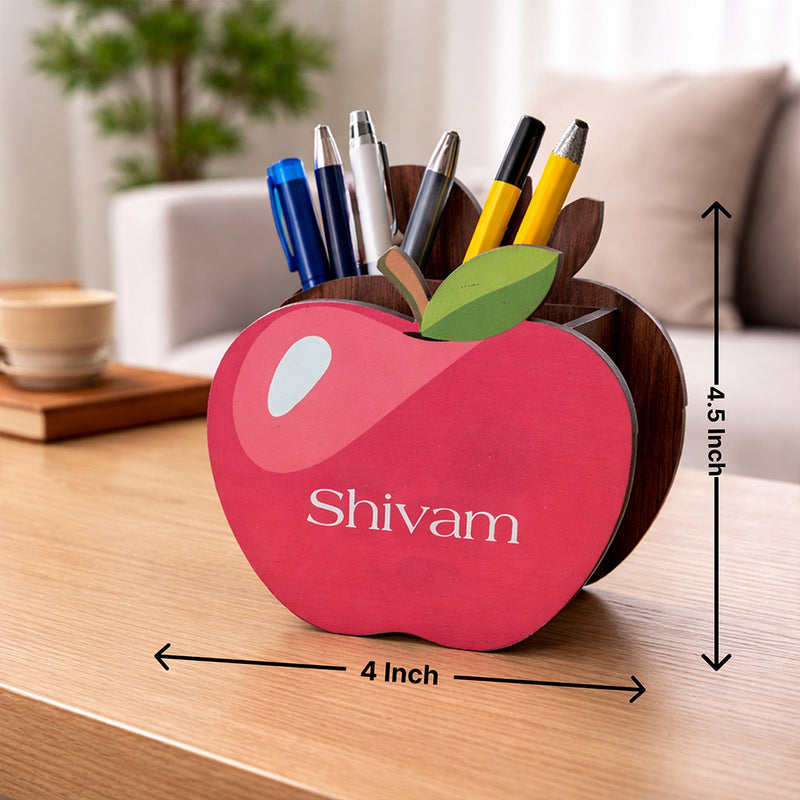 Personalized Apple Shape Wooden Pen Stand (4x4.5 Inch) Custom Name Desk Organizer Table Top Holder Gift for Kids & Students | Love Craft Gifts