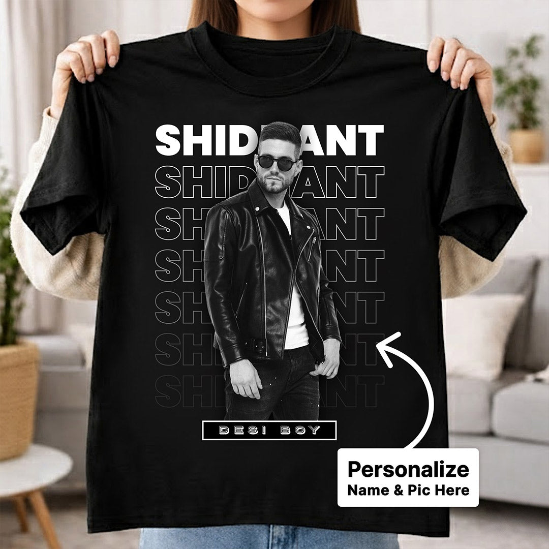 Personalized Desi Boy Name & Photo Black T-Shirt – Custom Stylish Graphic Tee | Love Craft Gifts