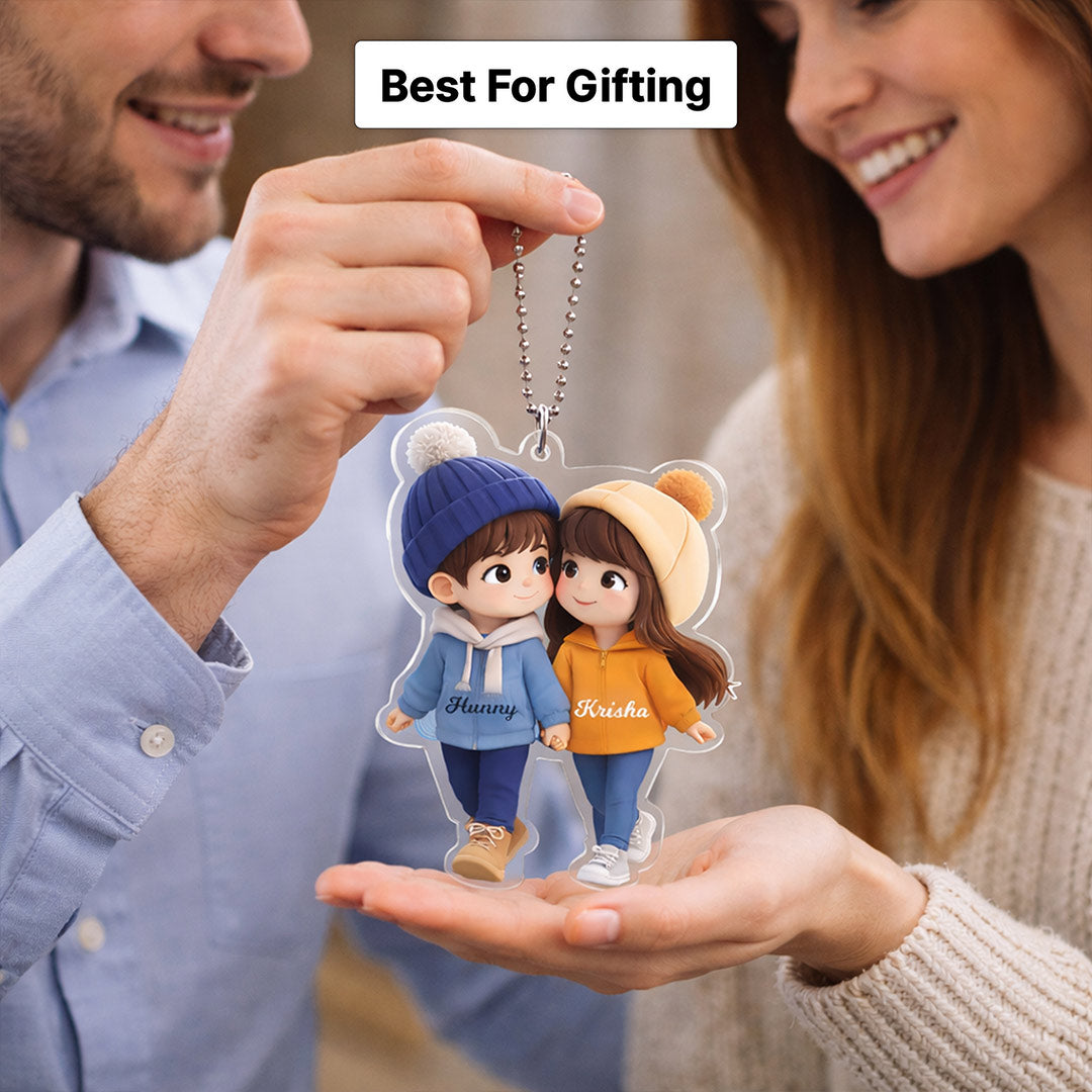 Personalized Cartoon Couple Acrylic Car Hanging – Custom Photo & Name Rearview Mirror Décor (2x2.5 Inch) | Love Craft Gifts