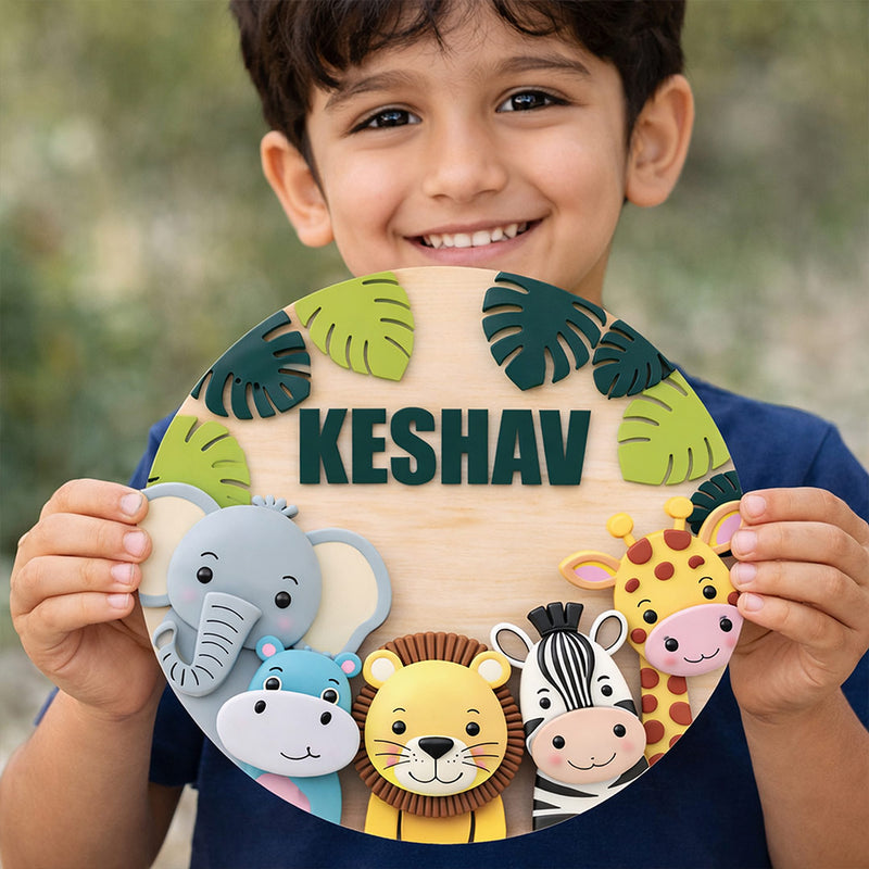 Personalized Kids Name Wooden Door Sign with Cute Animal Theme – Custom Nursery Name Wall Décor (8x8 Inch) | Love Craft Gifts