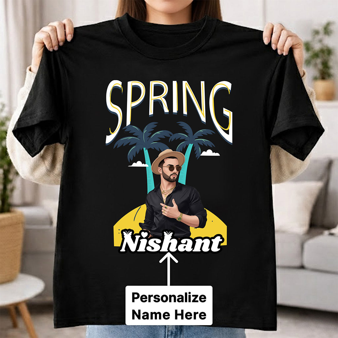 Personalized Spring Cartoon Portrait Black T-Shirt – Custom Name Print | Love Craft Gifts
