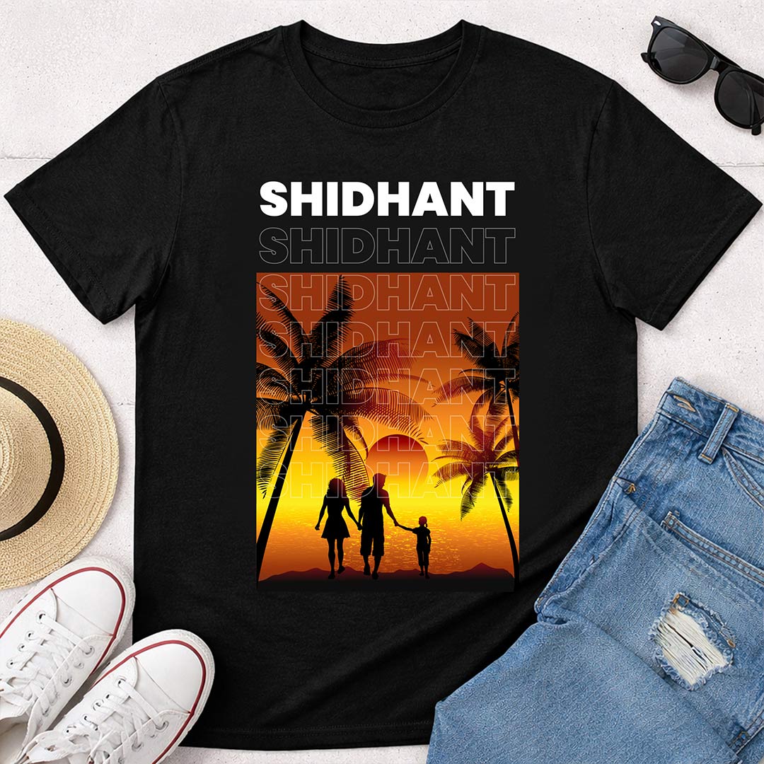 Personalized Sunset Family Silhouette Black T-Shirt – Custom Name Printed | Love Craft Gifts