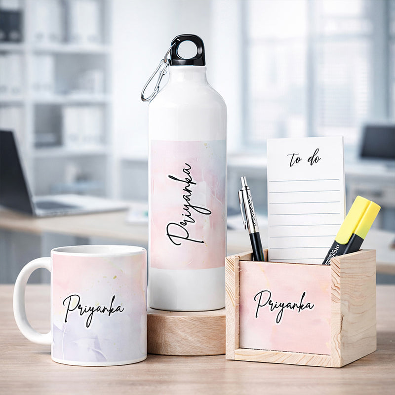 Personalized Gift Combo Set for Women – Custom Name Water Bottle, Coffee Mug & Wooden Pen Holder Desk Organizer | Birthday Gift for Girls, Sister & Friend | Love Craft Gifts