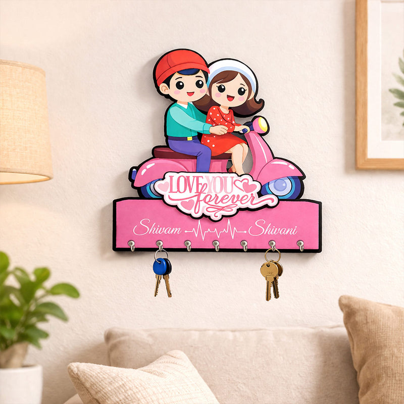 Personalized Couple Scooter Key Holder Wall Hanging – Custom Name Wooden Key Stand (7x8 Inch) | Love Craft Gifts