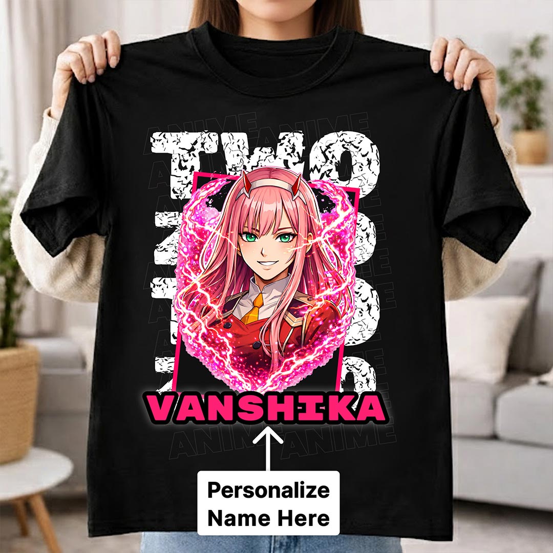 Personalized Zero Two Anime Name T-Shirt for Women – Custom Printed Black Tee | Love Craft Gifts