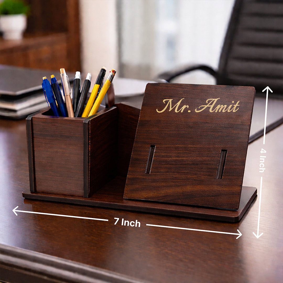 Personalized Wooden Desk Organizer with Name Engraving (7x4 Inch) Custom Pen Holder & Mobile Stand Gift for Boss, Husband & Professionals | Love Craft Gifts